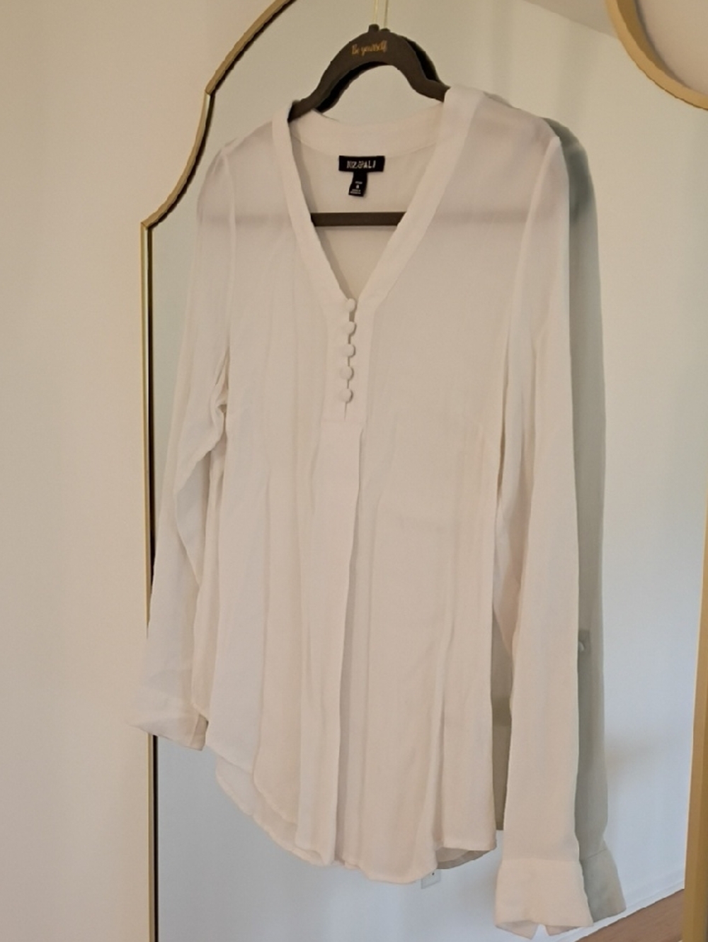 White V-Neck Long Sleeve Button-Placket Blouse